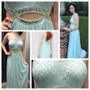 Crystal CutOuts and Lace High-Neck Dress